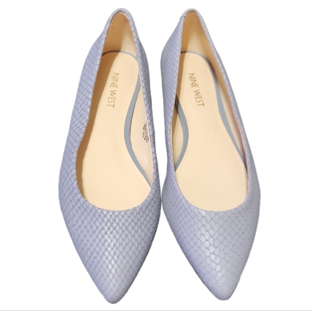 Nine West Leather Snake Skin Flats Blue Periwinkle Size 7M NWONLEE NWOB